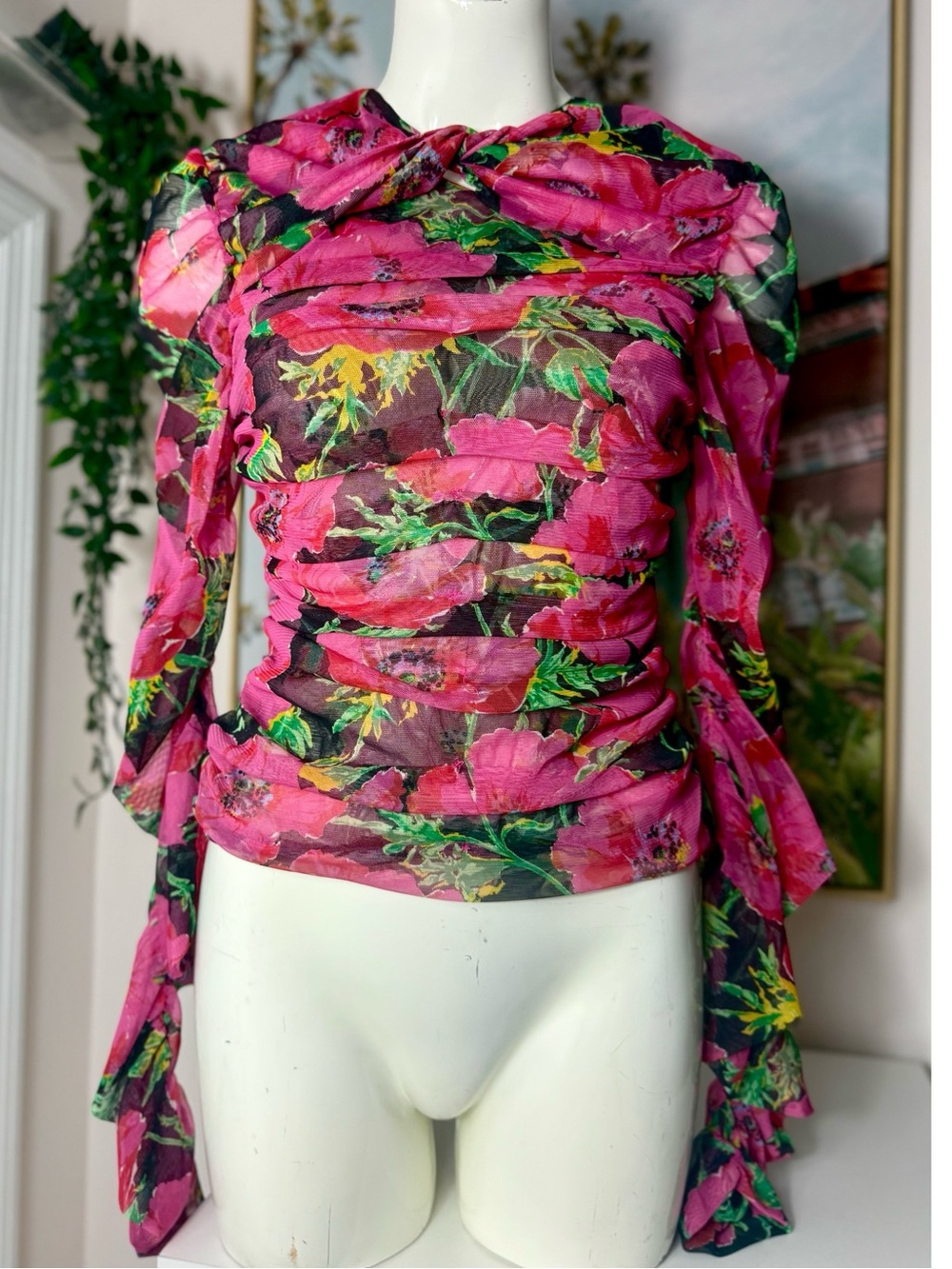 Zara Pink Black Floral Mesh Ruched Crop Top Sheer Thumbhole Blogger Size XL